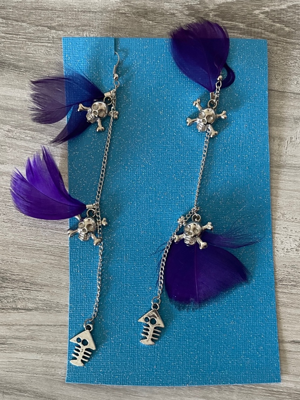 Purple Feather Skull and Fish Skeleton Earrings
